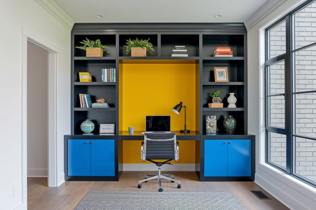 modern colorful home office with black built-in shelving, blue and yellow color accents