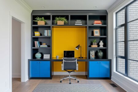 11 Colorful Home Office Ideas to Brighten Up Your Workday modern colorful home office with black built-in shelving, blue and yellow color accents