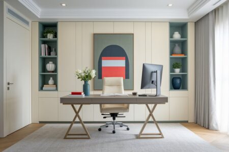 10 Cream Home Office Ideas for Your Daily Remote Work Routine modern cream home office with a colorful artwork and hidden storage