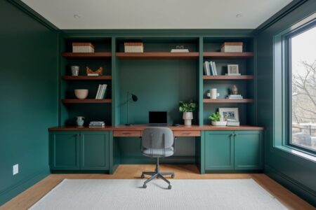 11 Dark Green Home Office Ideas to Boost Focus modern dark green home office with walnut built-in shelves and a desk