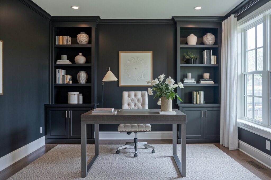 11 Dark Home Office Ideas With Bold Shadowy Aesthetics modern dark home office with a tufted office chair