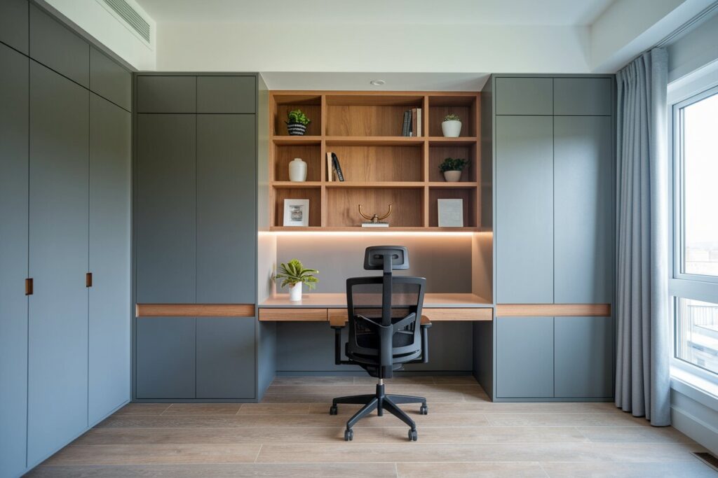 modern gray home office with wooden accents and an ergonomic office chair