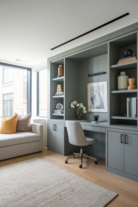 modern home office has gray built-in storage with desk and a light color daybed