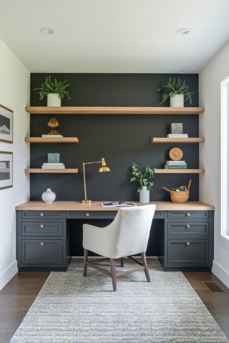 modern home office with a charcoal gray accent wall, wood shelves, and a desk with brass hardware