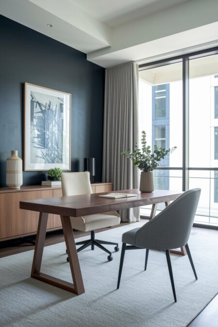 modern home office with a dark charcoal accent wall and a walnut statement desk with angular legs