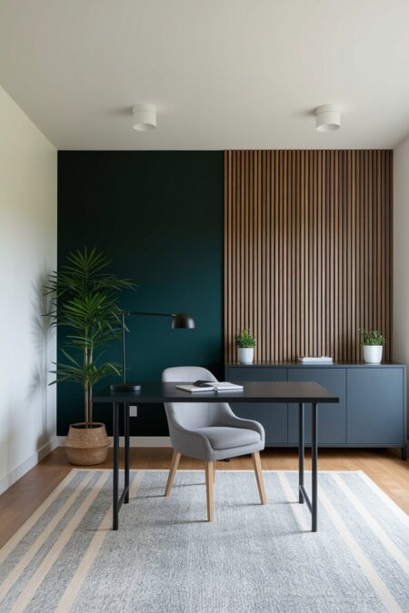 modern home office with a dark green accent wall, wood slat wall panels, a black desk and credenza