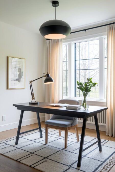modern home office with black ceiling and desk lamps, and a black desk