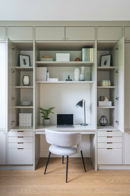 modern home office with concealed storage in light gray built-in cabinets