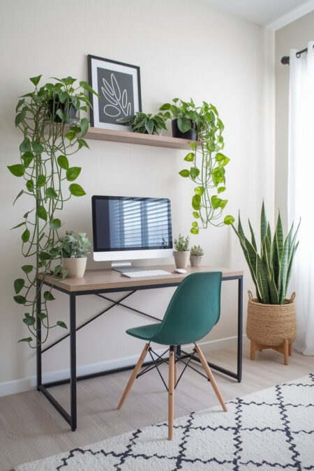 modern home office with trailing plants on a floating oak shelf and succulents on the desk