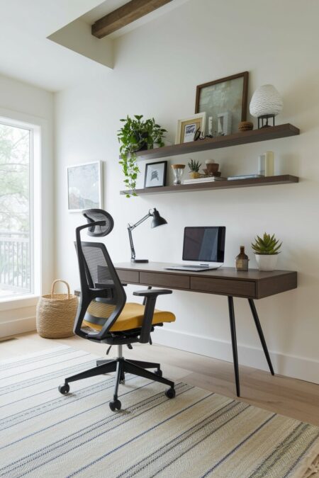modern home office with white walls, an ergonomic office chair with yellow cushion, dark walnut furniture