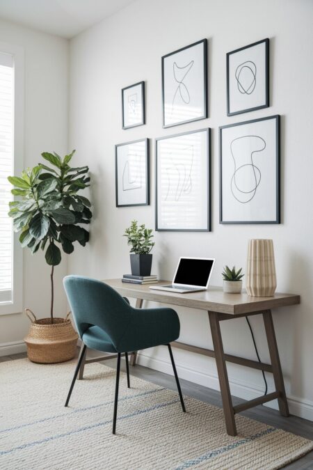 modern home office with white walls and a gallery of minimalist abstract line drawings