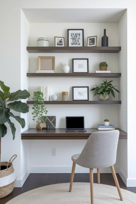 modern home office with white walls, built-in dark walnut shelves and desk