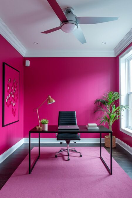 modern hot pink home office with black furniture and a gold desk lamp