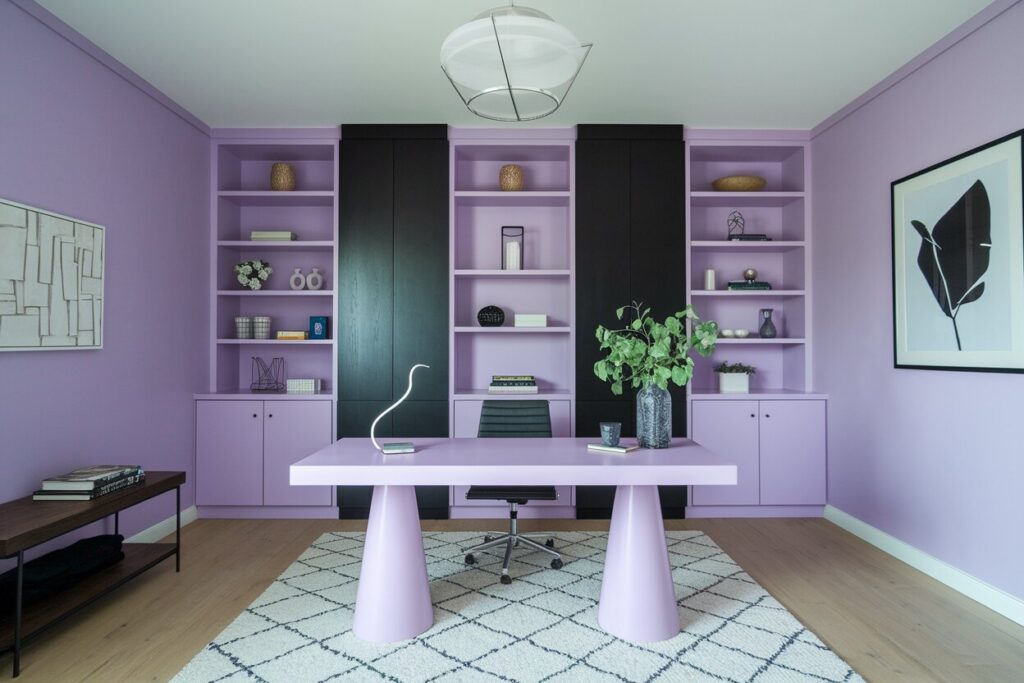 10 Lavender Home Office Ideas to Calm Your Workday modern lavender home office with built-ins and black accents