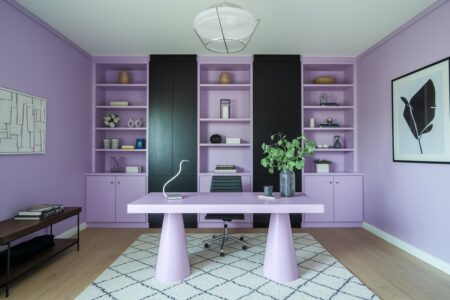 modern lavender home office with built-ins and black accents