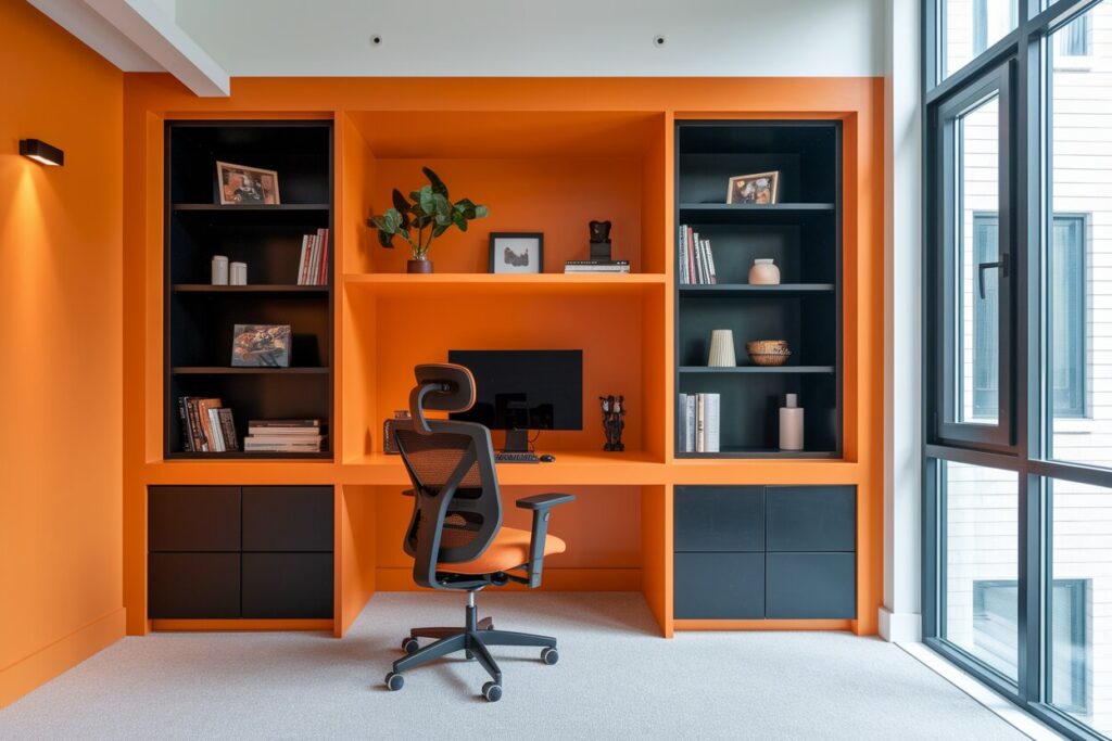 11 Orange Home Office Ideas to Energize Your Daily Workflow modern orange home office with an ergonomic chair