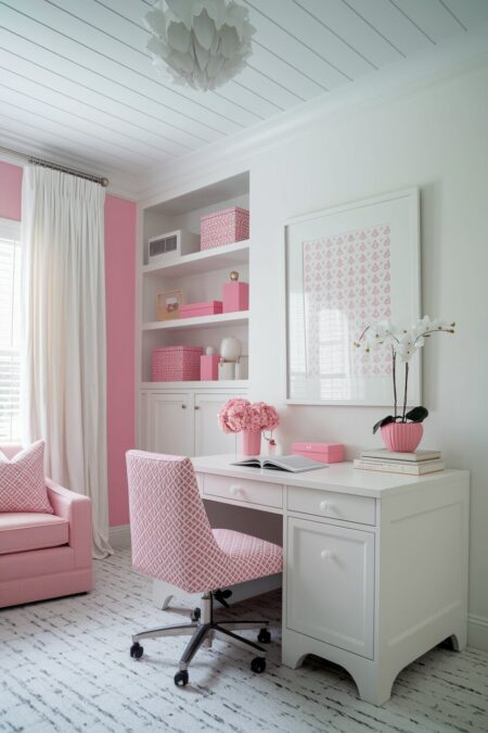 modern pink and white home office with a pink desk chair and white desk