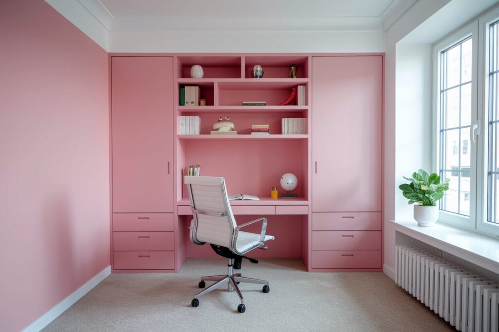 modern pink home office with a white office chair