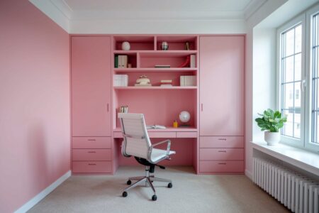 11 Pink Home Office Ideas Designed to Fuel Your Daily Creative Hustle modern pink home office with a white office chair