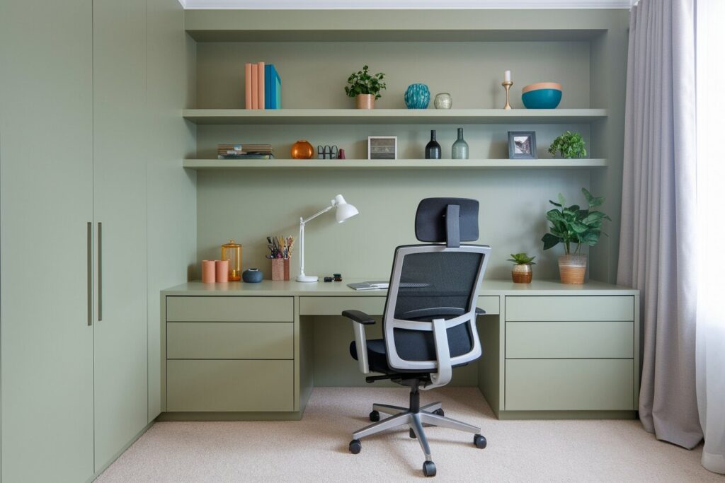12 Sage Green Home Office Ideas to Cultivate Deep Work And Focus modern sage green home office with a black ergonomic office chair