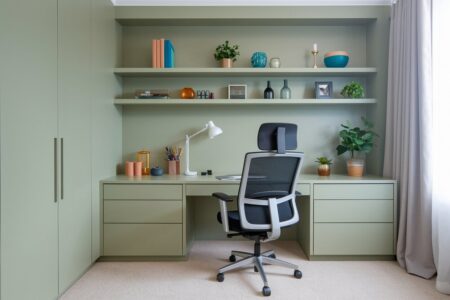 modern sage green home office with a black ergonomic office chair