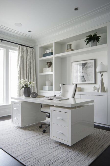 modern white home office has a white lacquered desk with storage, silver metal accents, and recessed lighting
