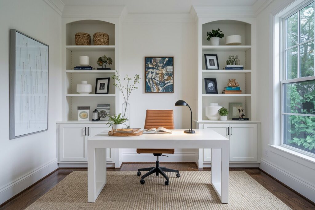 modern white home office with a leather chair