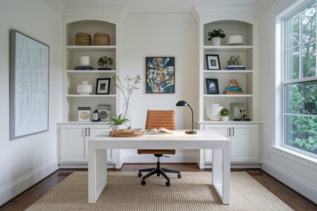 16 White Home Office Ideas Designed to Boost Your Daily Mood modern white home office with a leather chair