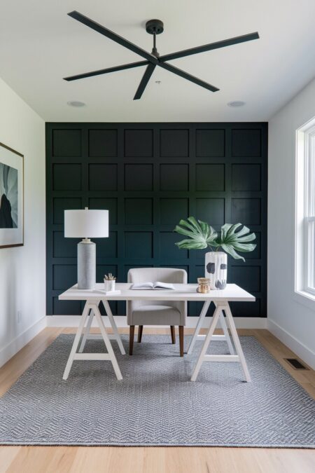 modern white home office with a moody charcoal accent wall with board and batten