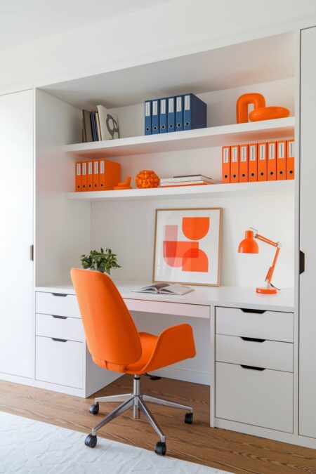 modern white home office with an orange desk chair, a lamp, and ring binders