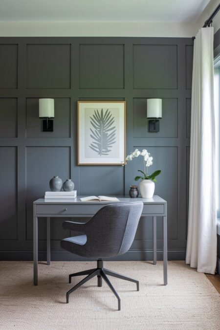 monochromatic gray home office with board and batten, a charcoal office chair, and some creamy white decor