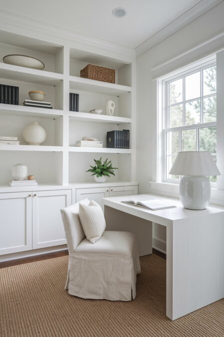 monochromatic minimalist white home office with a glossy white table lamp and a woven area rug