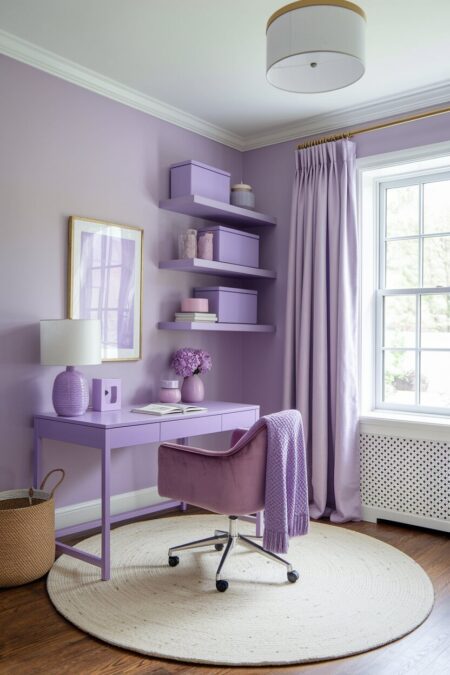 monochromatic pastel home office in lilac with a velvet chair and a round cream area rug