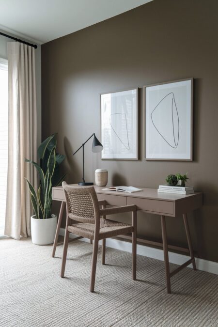 monochrome taupe contemporary home office with a woven chair