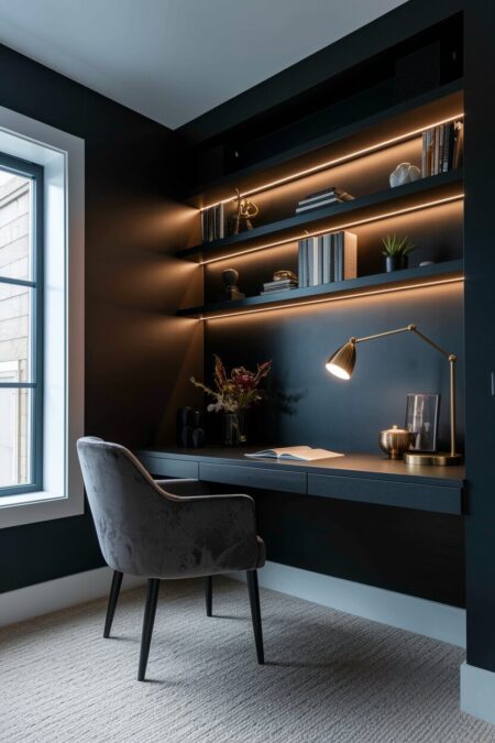 moody dark gray home office with a velvet chair, under shelf LED strips, and a brass desk lamp