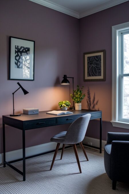 moody lavender-gray home office with a dark wood desk, black hardware and a desk lamp