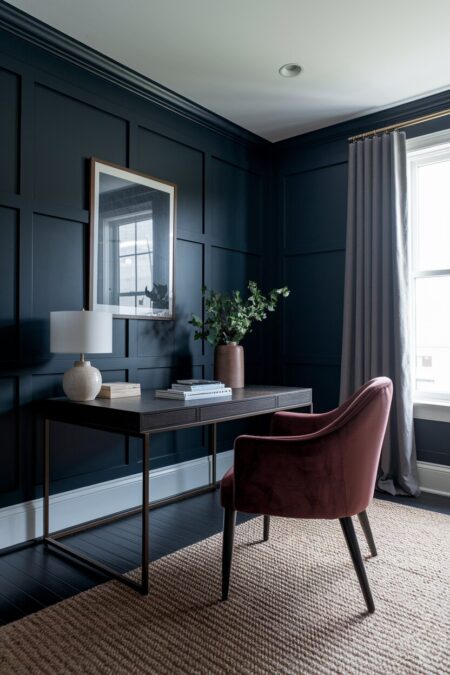 moody navy blue home office with dark flooring and a desk, a velvet accent chair, and a woven rug