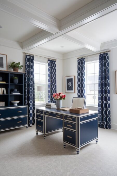 navy and white home office with a navy blue storage unit