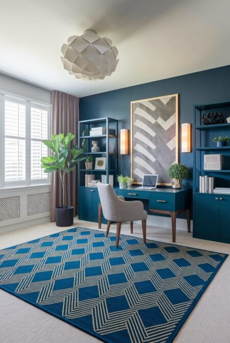 navy blue Art Deco home office with a patterned rug featuring geometric motifs