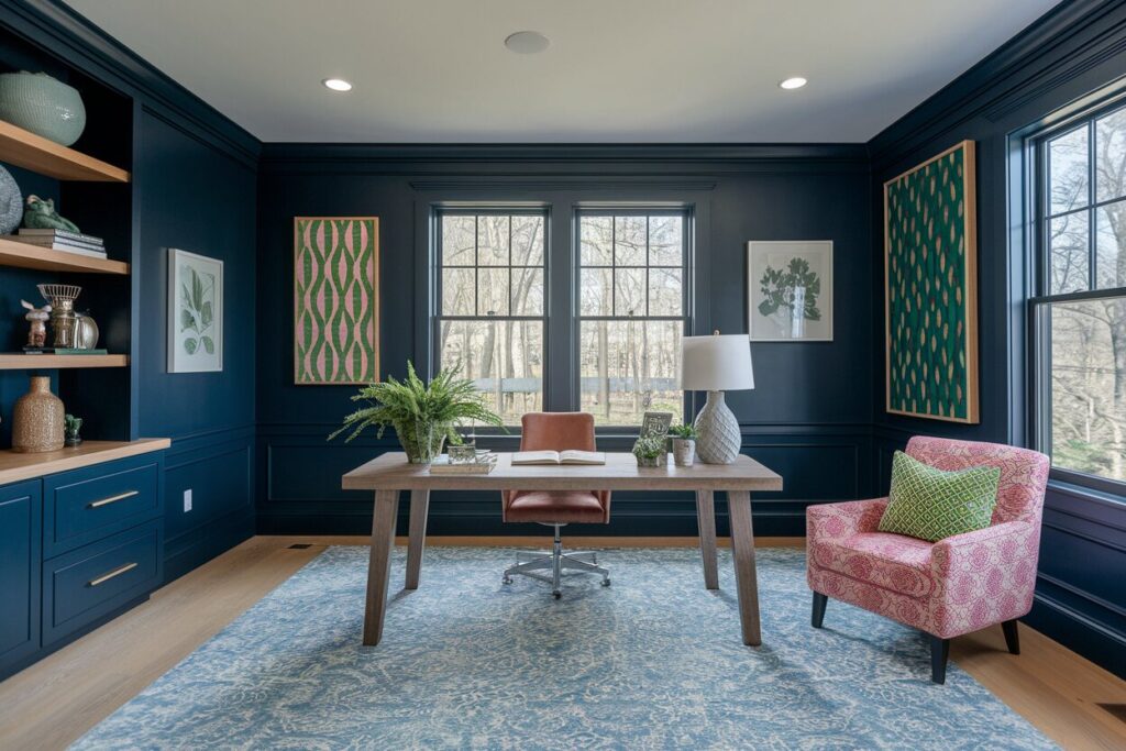 navy blue eclectic home office with a pink-patterned armchair