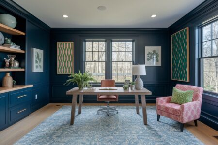 navy blue eclectic home office with a pink-patterned armchair