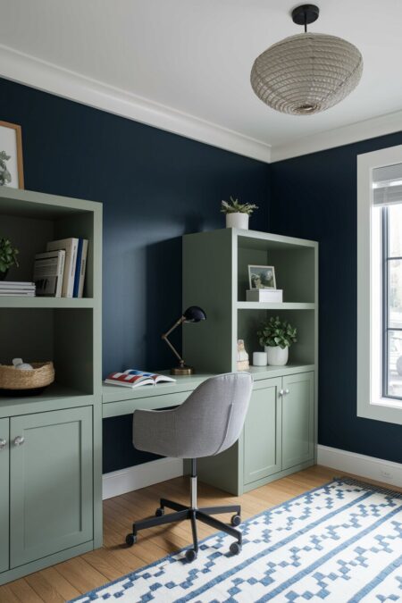 navy blue home office a sage green storage unit and gray chair