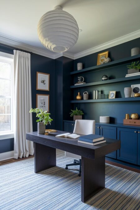 navy blue home office with a dark walnut desk, statement lighting, and gold cabinet knobs