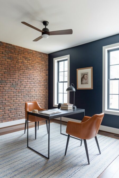 navy blue home office with an exposed brick wall, leather chairs, and a black desk