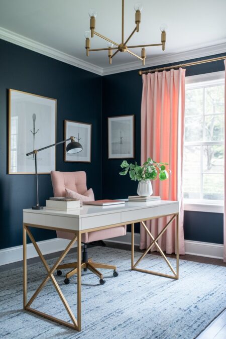navy blue home office with blush pink linen drapes and a desk chair, brass accents