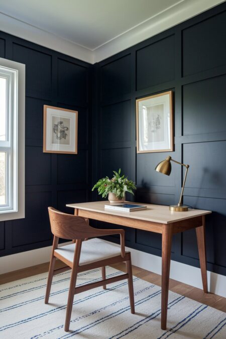 navy blue home office with board and batten, warm wood furniture, and light desk surface