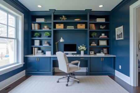 12 Navy Blue Home Office Ideas That Channel Calm Confidence navy blue home office with built-in workspace