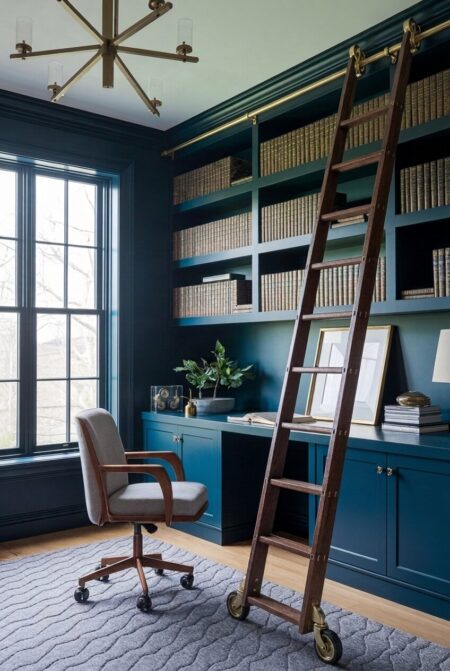 navy blue traditional home office with built-in shelving and a rolling library ladder