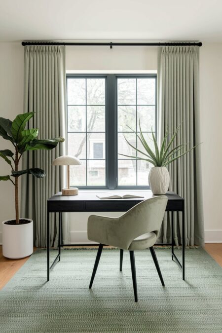 neutral home office with a sage green velvet chair, rug, and curtains; black accents