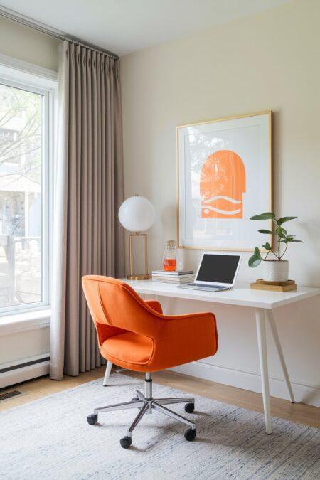 neutral home office with an orange accent chair